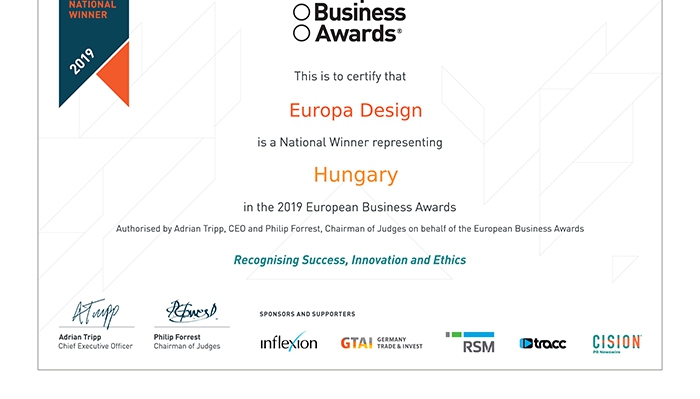 Az Europa Design nemzeti győztes lett az European Business Awards 2019 versenyében 
